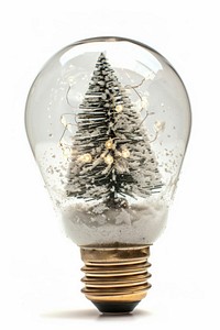 Light bulb with christmas tree and snow inside light lightbulb white background.