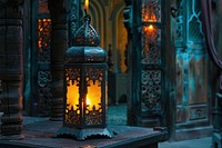 Ornamental Arabic lantern with burning candle glowing at night spirituality architecture illuminated.