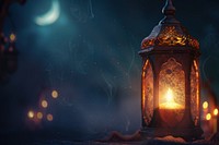 Ornamental Arabic lantern with burning candle glowing at night lighting spirituality architecture.