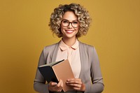 Happy female teacher glasses holding reading.
