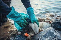 Plastic bags garbage glove sea.