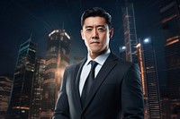Asian businessman with skyscrapers backdrop architecture portrait adult.
