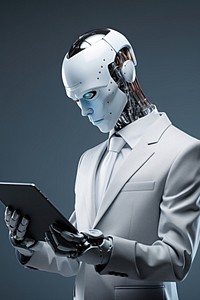 Robot holding tablet technology computer electronics.