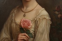 Woman holding a rose painting art necklace.