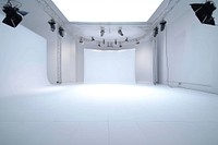 Empty white studio photography stage flooring architecture electronics.