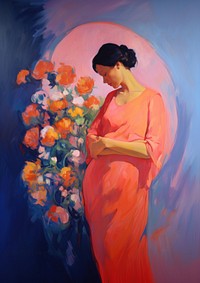 A pregnant woman holding flowers painting adult plant.
