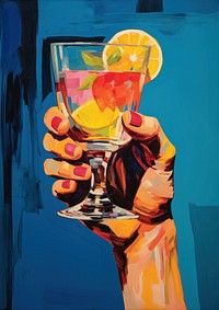 A hand holding a cocktail painting drink glass.