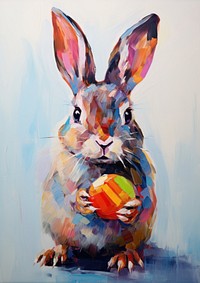 A baby rabbit holding an Easter egg painting rodent animal.
