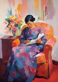A pregnant woman reading a book painting furniture armchair.