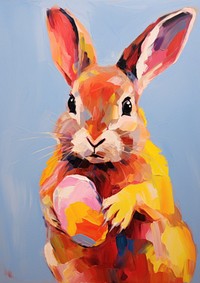 A baby rabbit holding an Easter egg painting animal mammal.