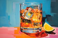 A cocktail placed on a recipe book painting drink fruit.