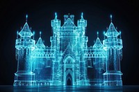 Glowing wireframe of castle architecture futuristic building.