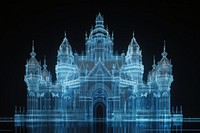 Glowing wireframe of castle architecture futuristic building.