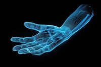 Glowing wireframe of hand futuristic blue black background.