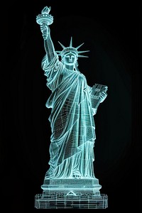 Glowing wireframe of statue of liberty sculpture black background representation.