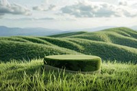 Product podium with a medow hills grass landscape grassland.