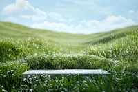 Product podium with a wildflower hills grass grassland landscape.