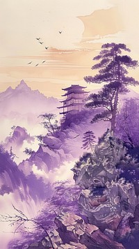 Painting japanese purple landscape outdoors.