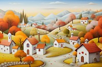 Painting of village architecture backgrounds landscape.