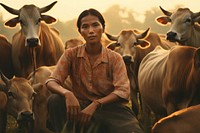 Thai woman cow livestock outdoors.