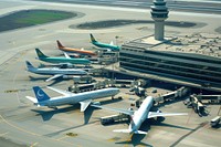 Airliners at gates aircraft airplane vehicle.