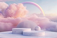 Product podium with dreamy rainbow sky outdoors.