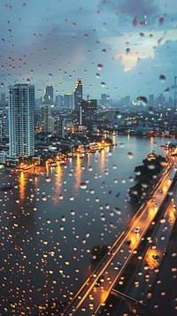 Rain scene with city architecture metropolis landscape.