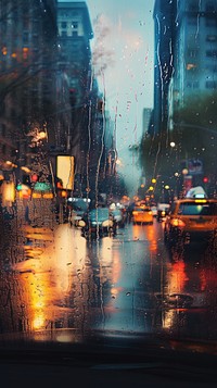 Rain scene with city architecture lighting vehicle.