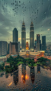 Rain scene with city architecture cityscape landscape.