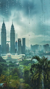 Rain scene with city architecture landscape cityscape.