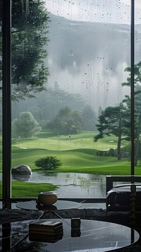 Rain scene with golf course outdoors nature sports.
