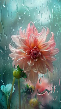 Rain scene with dahlia flower petal plant.