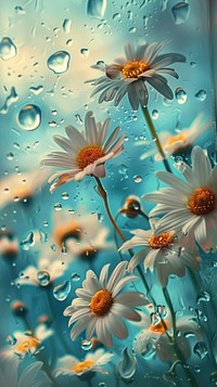 Rain scene with daisys flower nature petal.