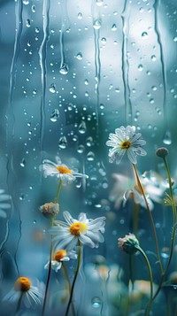 Rain scene with daisys outdoors flower nature.