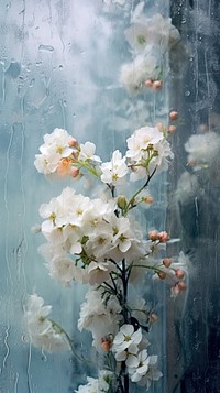 Rain scene with flowers painting blossom plant.