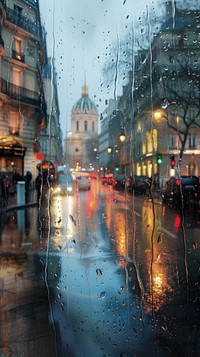 Rain scene with landmark outdoors vehicle street.