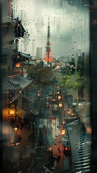 Rain scene with landmark architecture building street.