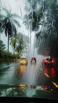 Rain scene with landmark outdoors vehicle glass.