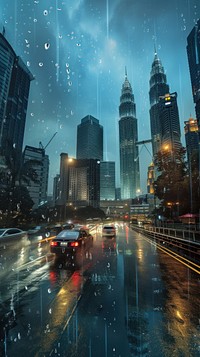 Rain scene with landmark architecture cityscape landscape.