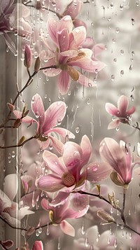Rain scene with magnolias blossom flower plant.