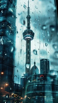 Rain scene with sky tower architecture building glass.