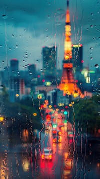 Rain scene with tokyo tower architecture metropolis cityscape.