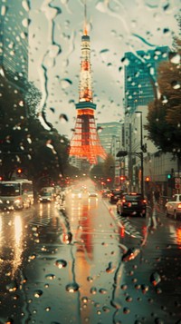 Rain scene with tokyo tower architecture building vehicle.