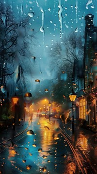 Rain scene with village outdoors street night.
