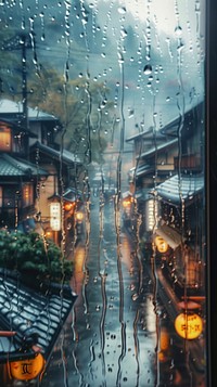 Rain scene with village outdoors glass city.
