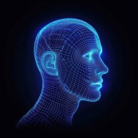 Glowing wireframe of human head futuristic line black background.