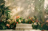 Product podium with a botanical flower plant decoration.