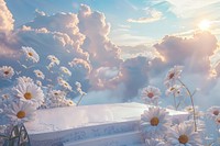 Product podium with a daisies sky backgrounds outdoors.