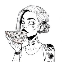 Woman eating pizza sketch cartoon drawing.