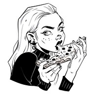 Woman eating pizza sketch drawing cartoon.